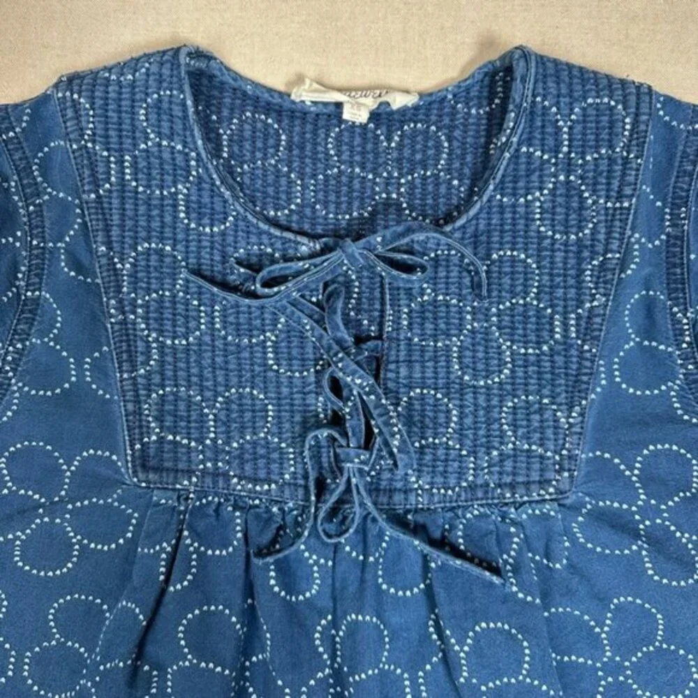 Madewell Indigo Floral Quilted Tie Front Bib Top XS Peasant Country Blouse NB613